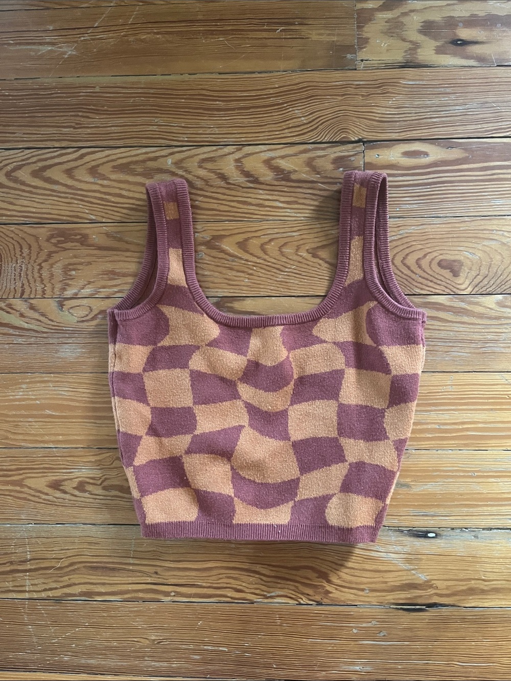Rust-Peach Checker Knit Tank Top - Unbranded